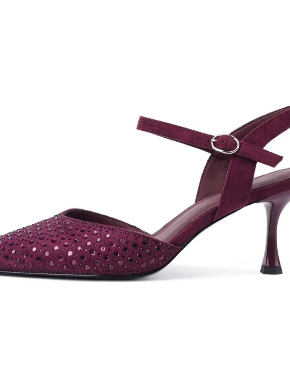 Women's Burgundy_rhinestone Slingback Kitten Pointed Closed Pumps Low Heels Shoe